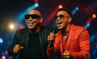Two Black men in sunglasses, one in a black jacket and one in a red suit, singing into microphones on a stage with colorful lights.