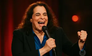 A person laughs into a microphone, fist raised, on a stage with red curtains.
