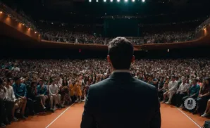 A man in a suit faces a large, cheering audience in a theater.