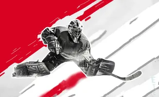 A hockey goalie in full gear slides to make a save, with red and white paint strokes in the background.