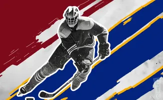 Black and white image of a hockey goalie in action, with red and blue background elements.