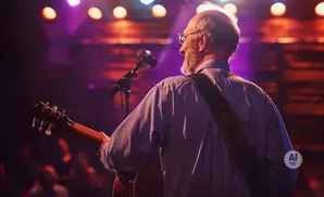 An older man with glasses and a beard plays an acoustic guitar on a dimly lit stage with purple and orange lights.