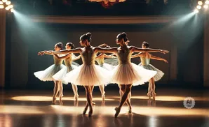 A group of ballerinas in tutus on stage, illuminated by spotlights.