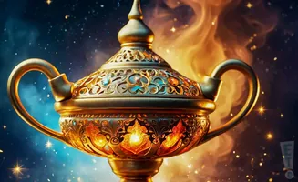 A jeweled, golden genie lamp glows amidst a starry, smoky night sky.