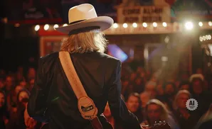 Musician in a white hat and black jacket plays guitar for a cheering crowd.