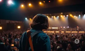 A musician with dark hair on stage, facing a large, cheering crowd under bright concert lights.