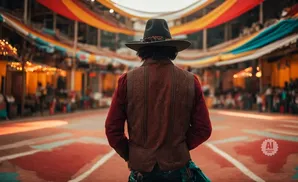 Man in a hat and vest stands in a colorful market street.