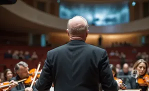 A conductor in a black suit facing an orchestra and audience in a concert hall.