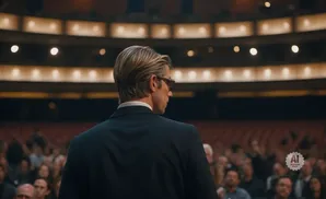 Man in a suit and sunglasses addresses a seated audience in a theater.