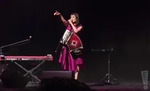 A woman in a pink dress plays an accordion on stage next to a keyboard.