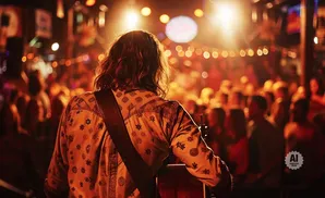 A musician with long hair on stage plays guitar for a blurry audience in a dimly lit venue.