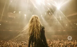 A blonde woman in a leather jacket stands on stage, facing a cheering crowd under bright stage lights.