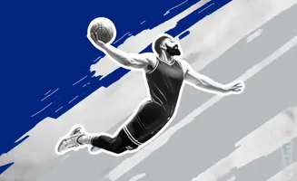 A black and white illustration of a basketball player dunking a ball against a blue and gray background.