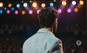 Man in a patterned suit looking towards a stage with colorful lights and an audience.