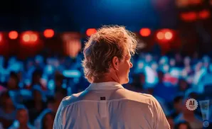 A man with curly hair faces away from the camera, speaking to a blurred audience under blue and red lights.