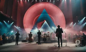 Band performs on stage with a large red circular backdrop and blue triangle projection.