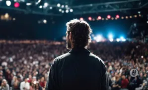 Man with curly hair stands on stage, facing a large audience at a concert or event.