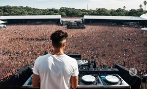 DJ playing for a massive crowd at an outdoor music festival.