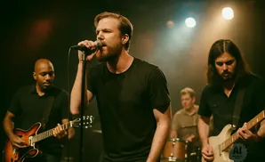 A band performs on stage with a lead singer in the foreground.