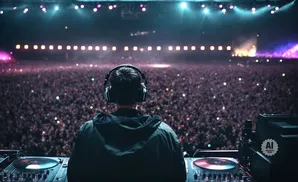 DJ in headphones plays to a massive crowd at a concert, with a line of lights above the audience.