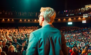 A man with blond hair stands facing a large, seated audience in a dimly lit auditorium.