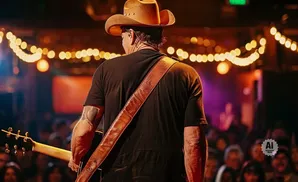 Man wearing a cowboy hat and black t-shirt playing guitar on stage with bokeh lights.