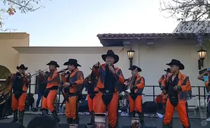 A band in orange and black outfits performs on stage, wearing cowboy hats.