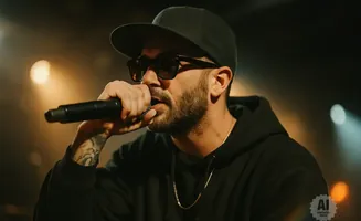 Rapper wearing a black baseball cap and sunglasses, holding a microphone and performing on stage.