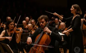 A conductor leads an orchestra playing classical music. A cellist and violinist are in the foreground.