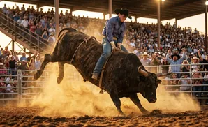 A cowboy rides a bucking bull in a dusty rodeo arena, with a crowd watching in the background.