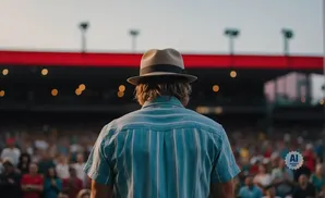 Man in a fedora and striped shirt facing away from the camera at an outdoor event.