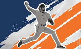 A baseball pitcher in mid-throw, silhouetted against a graphic background of blue, white, and orange stripes.