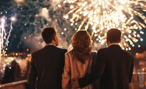 Three people in formal wear watch a vibrant fireworks display.