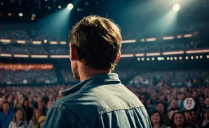 Man in denim jacket facing a large, cheering crowd in a stadium.