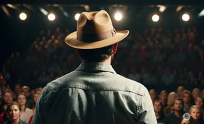 A man in a fedora faces an audience under stage lights.