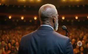 Man with grey hair and beard speaks into a microphone on stage to a seated audience.