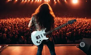 A long-haired guitarist plays a white electric guitar on stage in front of a large, cheering crowd.