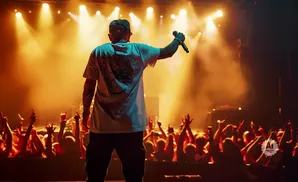 A rapper performs for a cheering crowd under bright stage lights.
