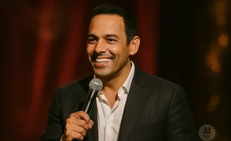 A man in a pinstripe suit smiles and holds a microphone.