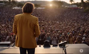 Man in yellow jacket facing a large crowd at sunset with cameras on a table.