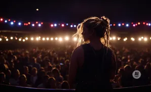 Woman on stage facing audience, with bright lights illuminating the crowd.