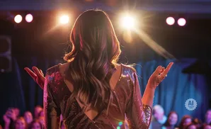 Woman in a sequined dress on stage with hands raised, facing away from the camera, with bright stage lights and an audience in the background.