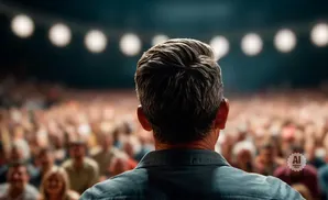 Man with gray hair in a blue shirt faces a blurred audience under stage lights.