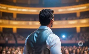 Man in suit facing away from camera on stage in front of an audience in a theater.