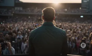 Man in a dark shirt facing a large, blurry crowd at sunset.