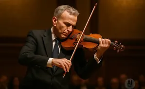 A man in a suit plays a violin on stage.