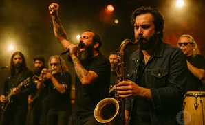 A band performs on stage with a singer, a saxophonist, and other musicians.
