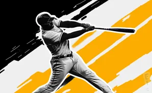 A baseball player swings a bat against a backdrop of black, white, and orange diagonal lines.
