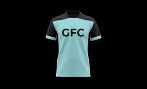 Light blue soccer jersey with black sleeves and collar, featuring 
