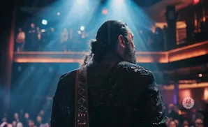 Man with long dark hair and beard in a sparkly jacket on a dimly lit stage.